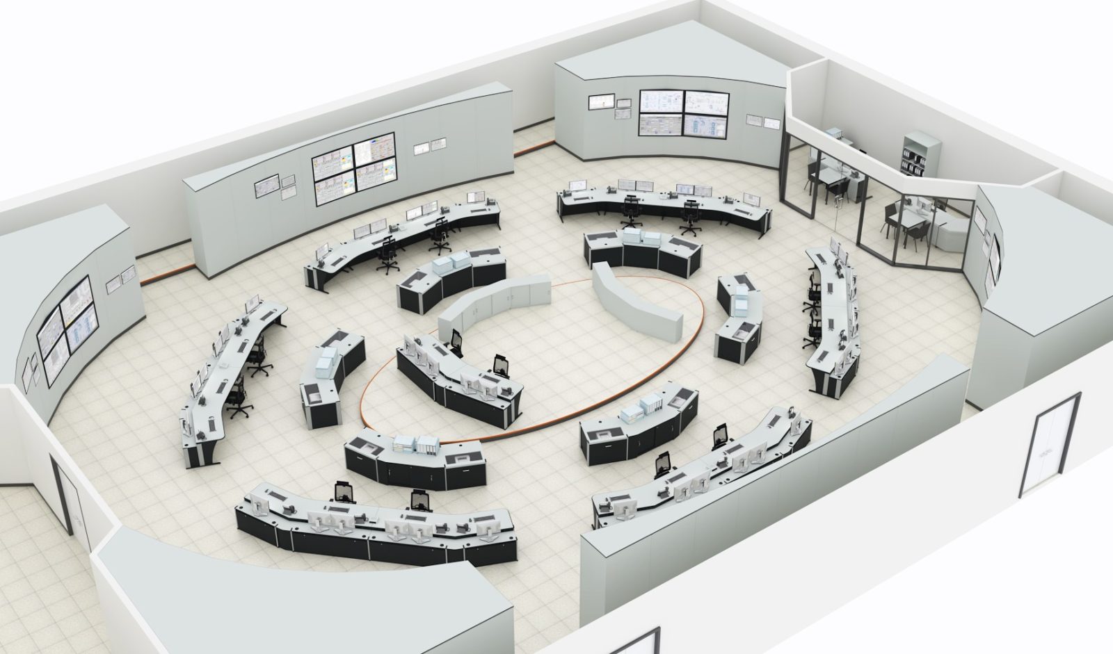 Graphic 3-D illustration of control room floor plan with Dacobas workstations