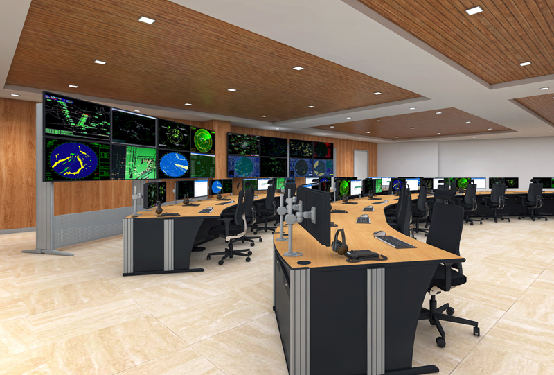 Graphic 3-D illustration of control room design layout with Dacobas workstations