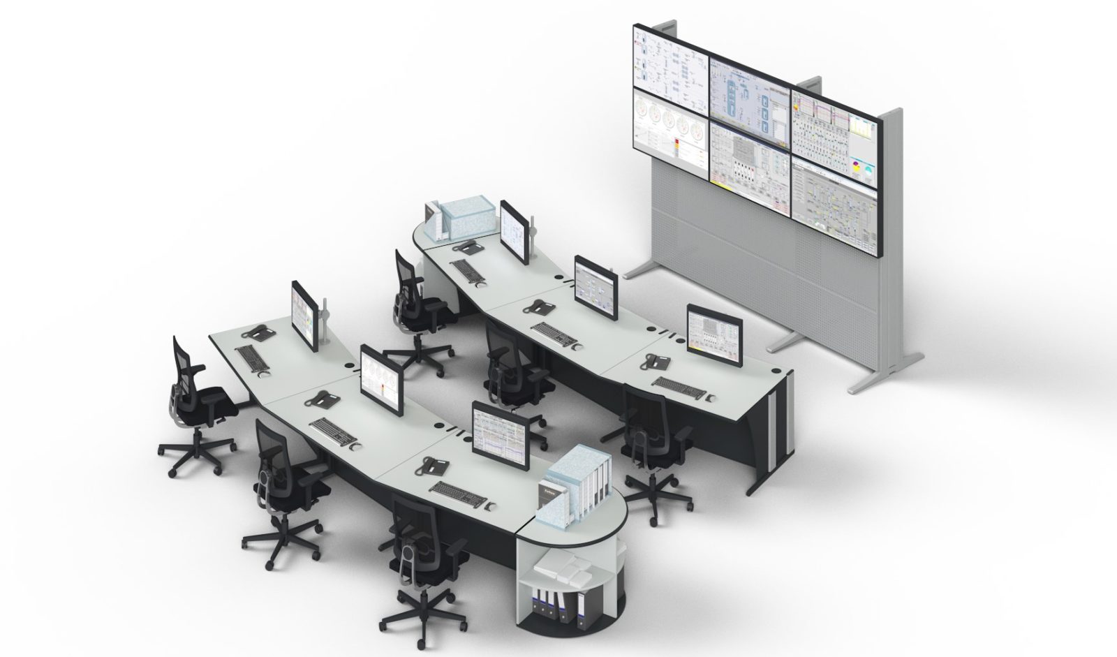 Graphic 3-D illustration of Dacobas workstation with video wall