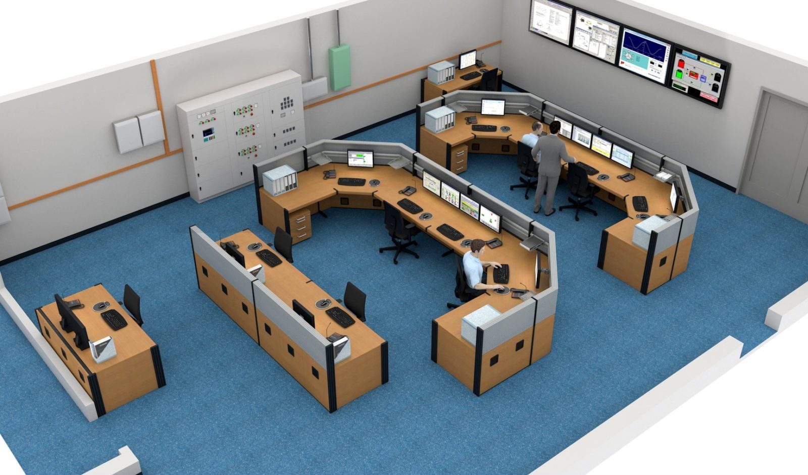 Graphic 3-D illustration of Dacobas workstations in room