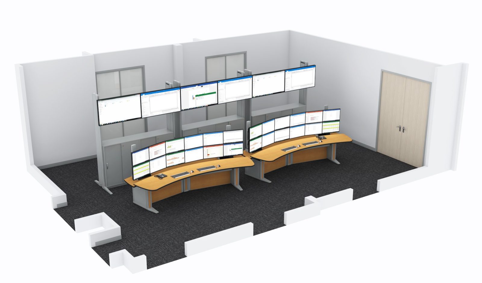 Graphic 3-D illustration of Ergocon workstations in a room