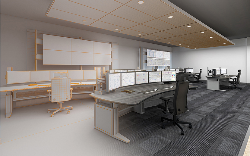 A control room with consoles and chairs