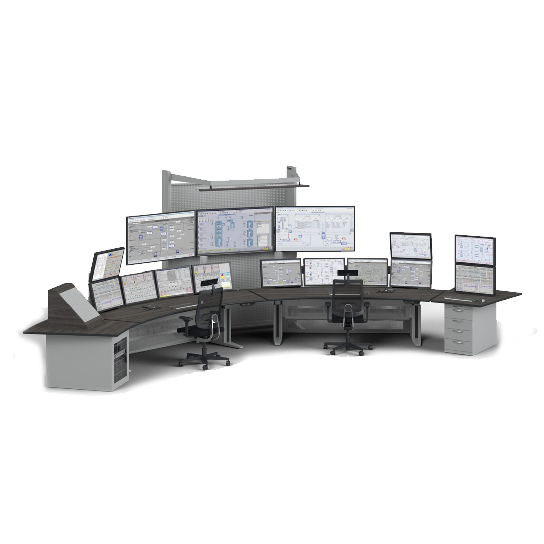 Large curved console workstation with multiple screens