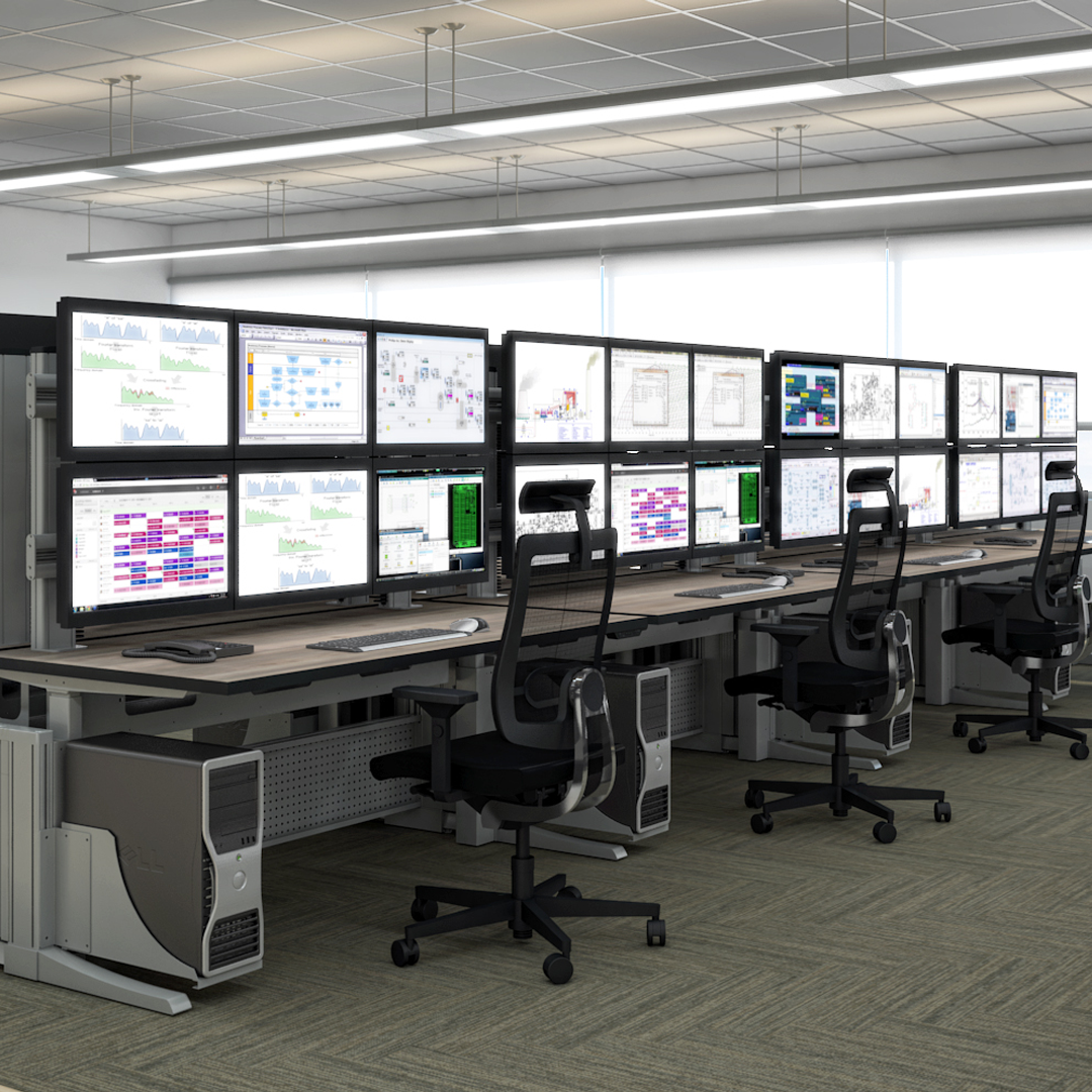 Security control room consoles each with multiple screens