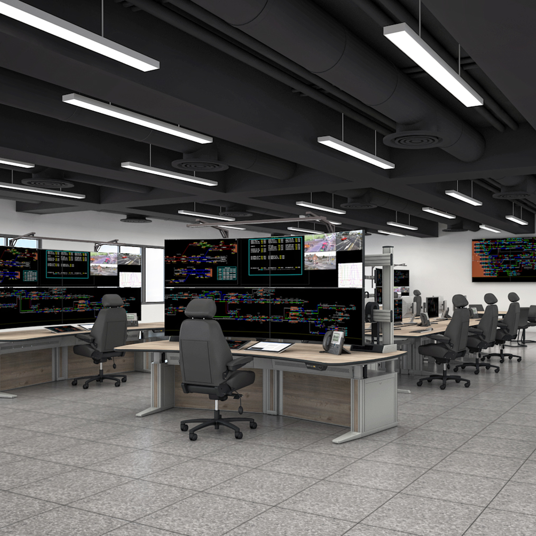 A transport control centre with console workstations and chairs