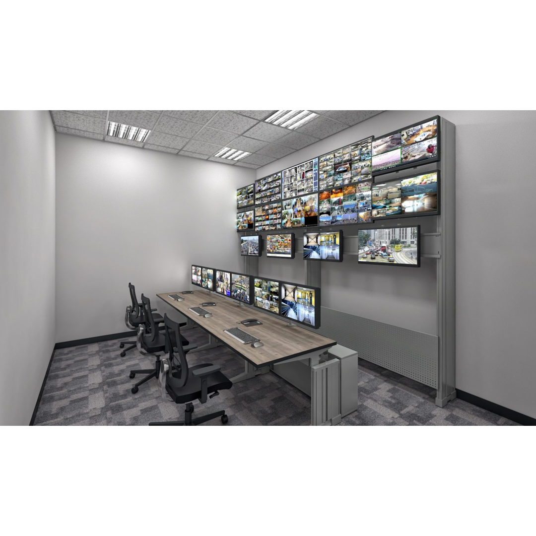 Control room equipped with Elicon workstations and video wall