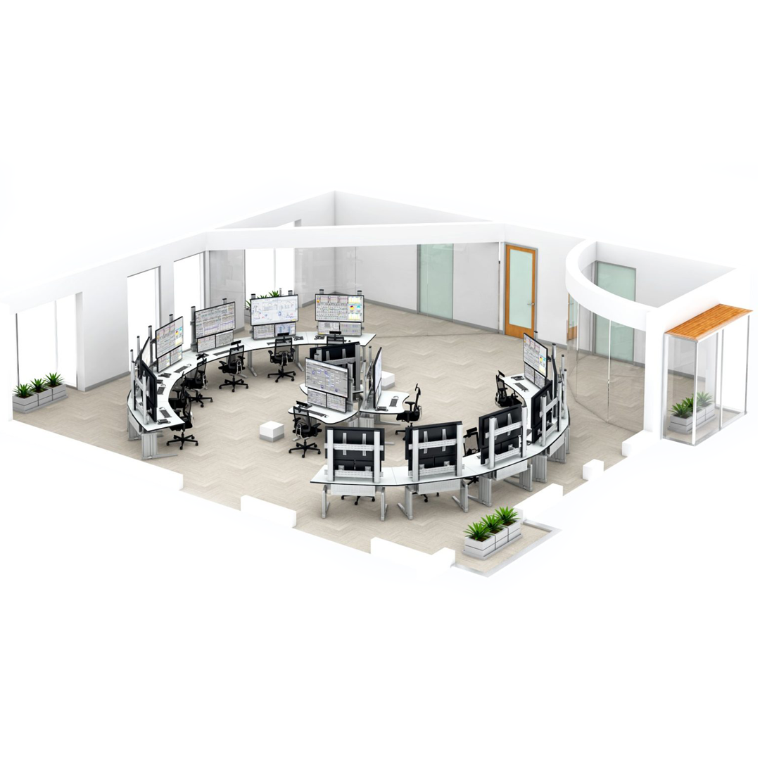 Graphic illustration of control room equipped with Elicon VC/VC-E workstations