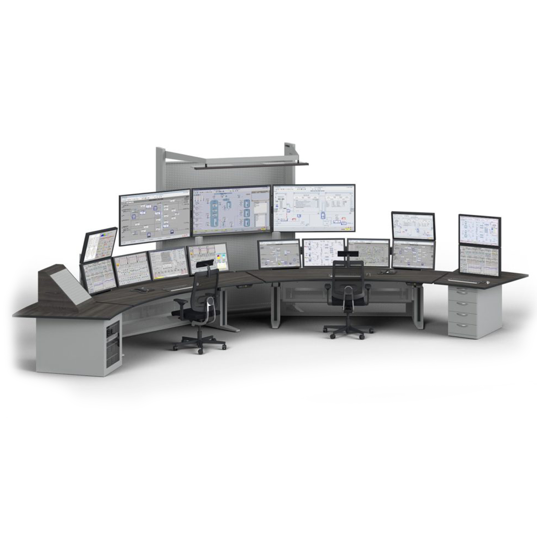 Ergocon workstation with multiple different sized monitors