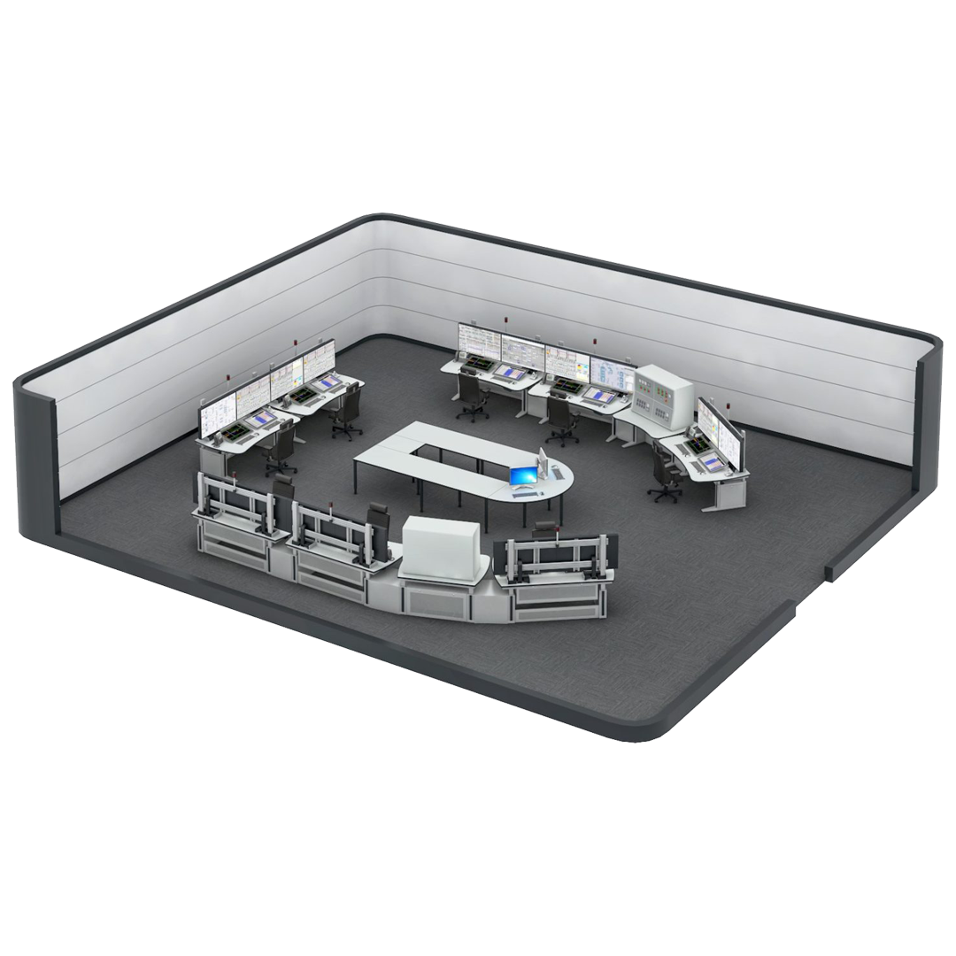 Graphic 3-D illustration of Ergocon workstations in room