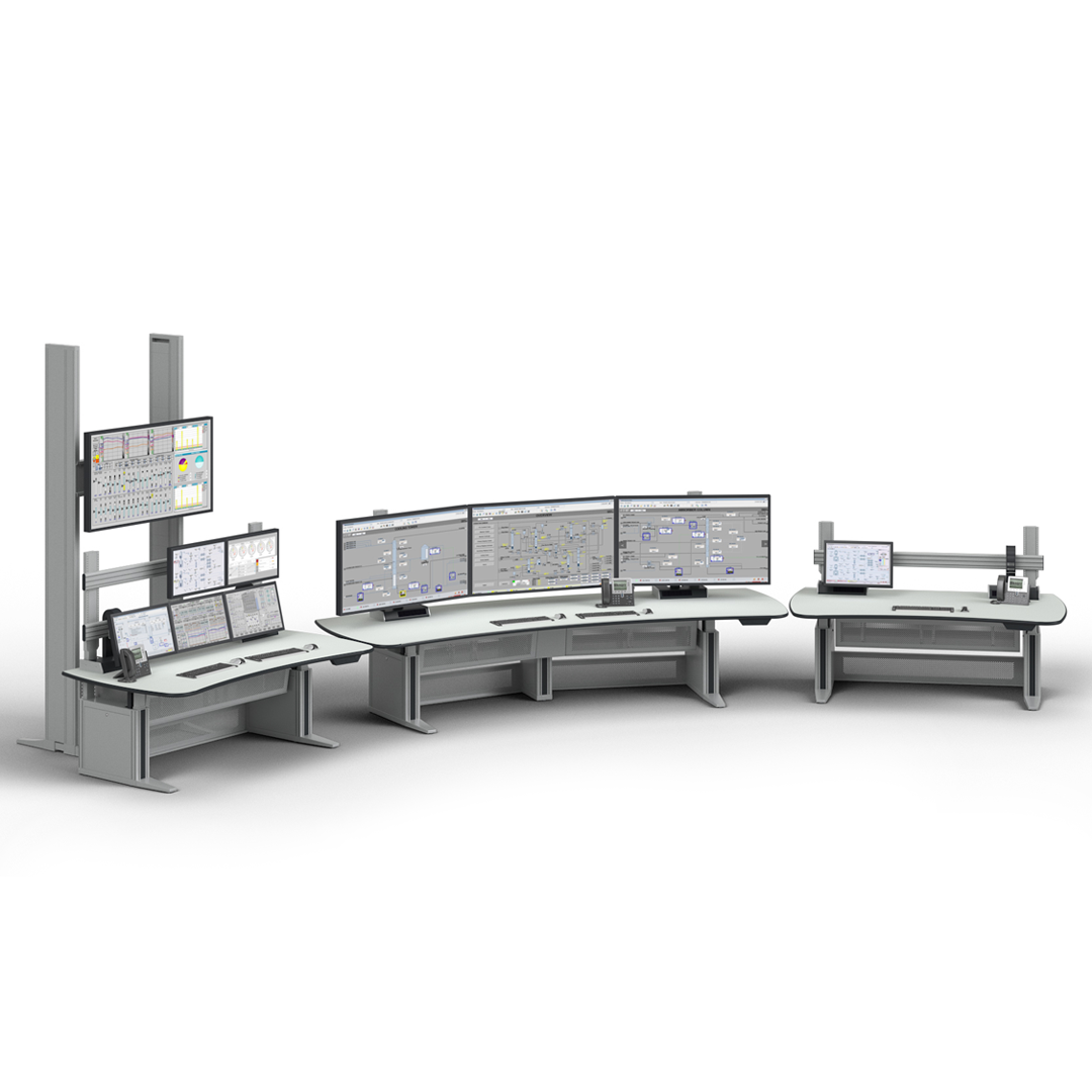 3-D graphic illustration of monitor wall and workstations in room